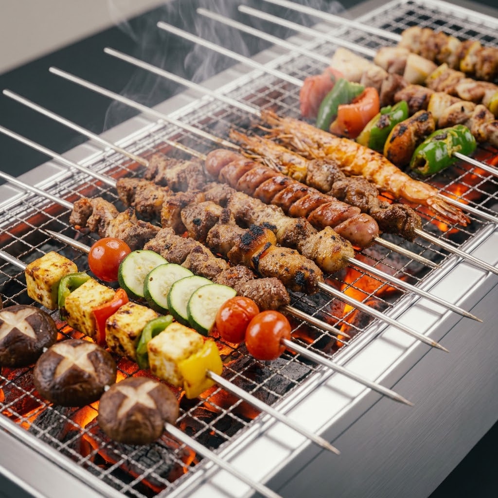 Charcoal grill at Fat Ni BBQ with skewers over glowing coals
